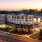 aerial of apartment building at sunset